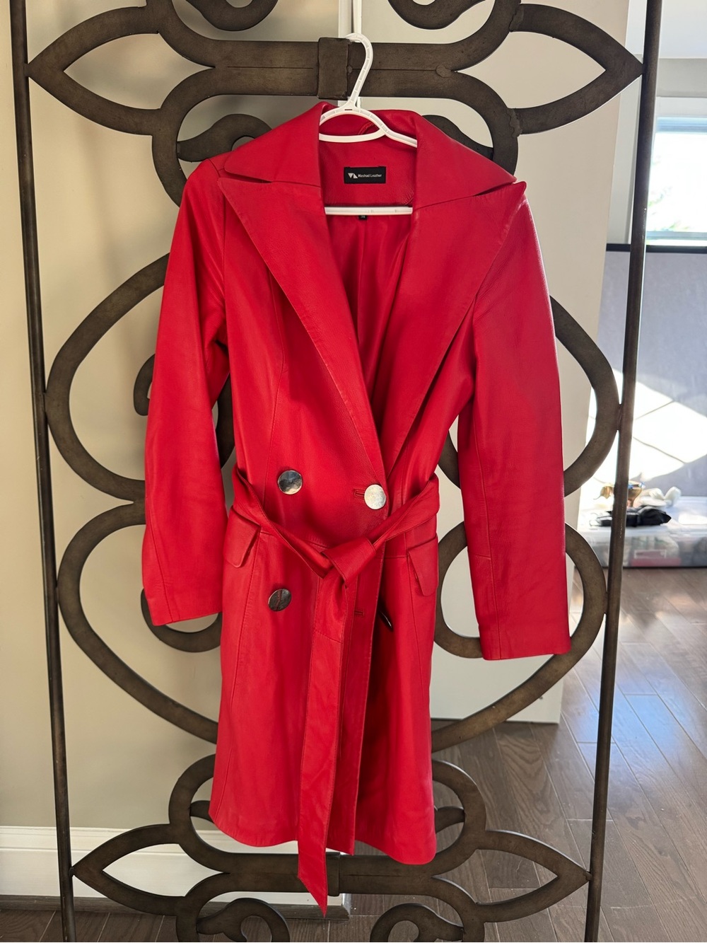 Women’s Genuine Lambskin Leather Red Trench Coat with Belt